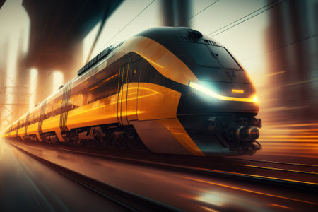 High Speed Train with Motion Blur and DOF Effect. Glowy Neon Lines. Perfect for Wallpaper and Background Designs. Created with Generative AI technologyの素材