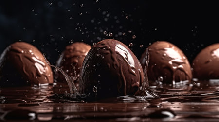 Luxury chocolate easter eggs making a splash in chocolate. Created with Generative AI technologyの素材
