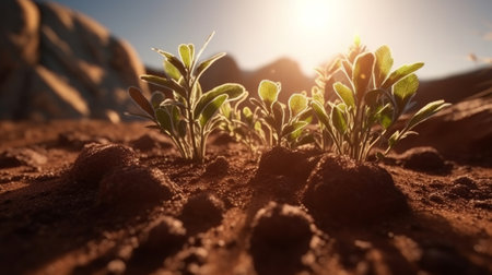 Young plant emerging from the ground. Created with Generative AI technologyの素材