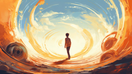 A man facing a massive wave in a captivating painting. Created with Generative AI technologyの素材