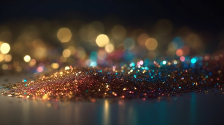 A shimmering pile of glitter on a wooden table. Created with Generative AI technologyの素材