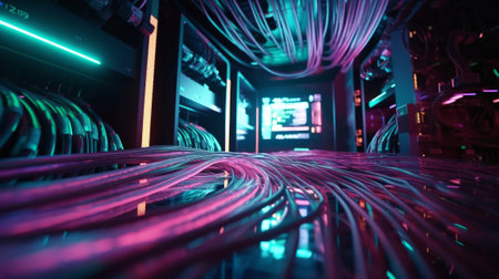 Internet connection luminous fiber optic cables. Created with Generative AI technologyの素材