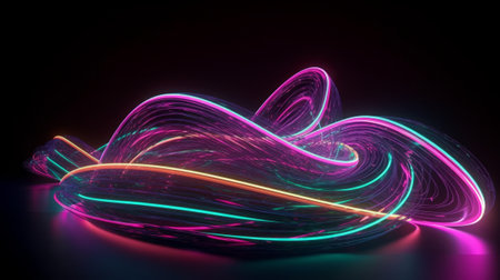 Colorful light trails on black background. Created with Generative AI technologyの素材