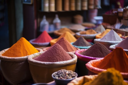 Spices on Eastern street market. Created with Generative AI technologyの素材