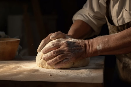 An old man is kneading a dough for cooking bread. Created with Generative AI technologyの素材