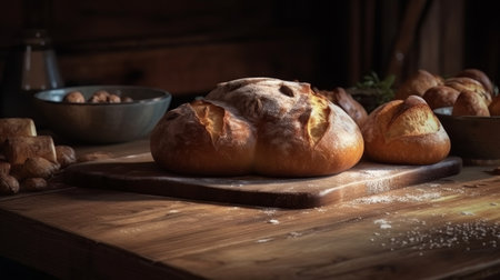 Rustic Bread. Freshly baked, round loaf of bread, resting on a wooden board. Created with Generative AI technologyの素材