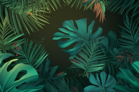 Tropical leaves depicted in Dark green, floral background, monstera, palm leaves. Created with Generative AI technologyの素材