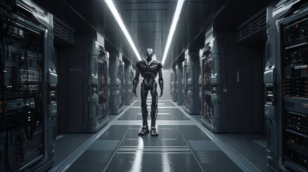 Robot in server room. Created with Generative AI technologyの素材