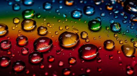Colorful water droplets on a reflective surface creating a rainbow effect. Created with Generative AI technologyの素材