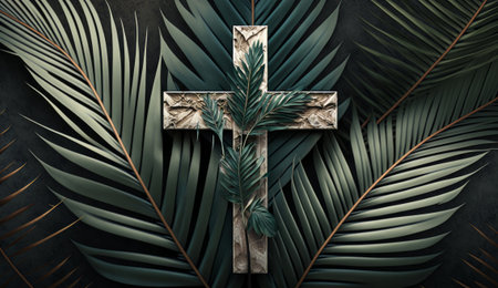 For Palm Sunday and Easter Day celebrations, an image of a cross made of palms and leaves is often seen. AI generation. Created with Generative AI technologyの素材
