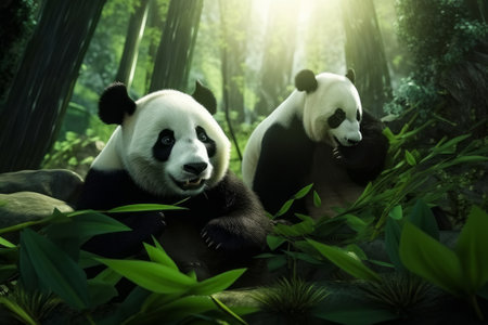 Panda bears having a bamboo feast in the forest. Created with Generative AI technologyの素材