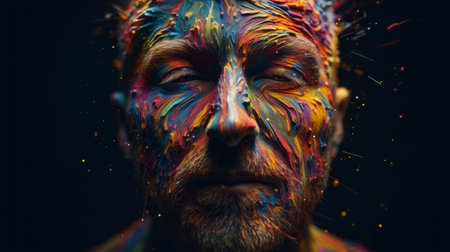 Abstract image of a man with his colorful mind's energy surrounding him. Created with Generative AI technologyの素材