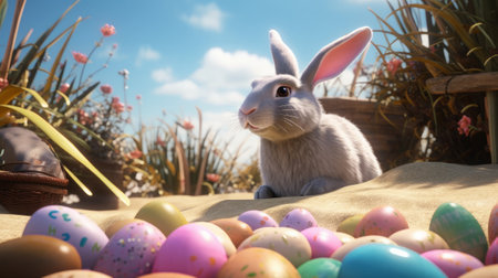 Pink rabbit in the grass on a flower meadow and colorful painted eggs on a sunny day. Created with Generative AI technologyの素材