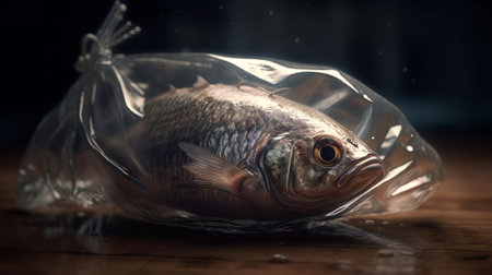 Fish in plastic bag. Plastic pollution in ocean, fighting for a clean ocean concept. Created with Generative AI technologyの素材