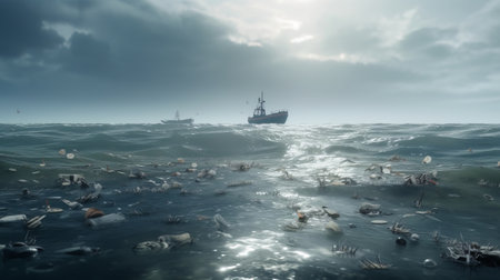The ocean full of plastic waste. microplastic polluting the sea. Created with Generative AI technologyの素材