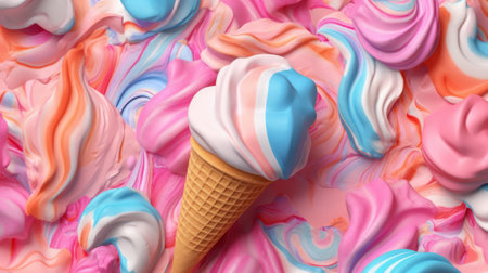 An ice cream cone with vibrant swirls and sprinkles on top. Created with Generative AI technologyの素材