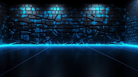 A dark room with brick wall and blue lights creating an eerie atmosphere. Created with Generative AI technologyの素材