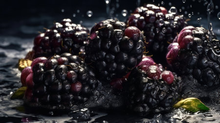 Blackberries floating in a clear water surface. Created with Generative AI technologyの素材
