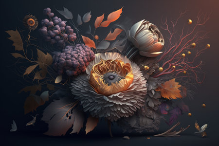 Illustration of bouquet on dark background. Created with Generative AI technology. Created with Generative AI technologyの素材