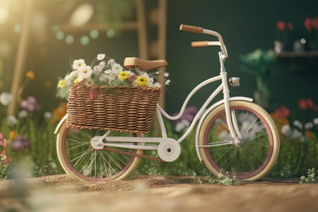 Vintage bicycle with flowers in front basket. Created with Generative AI technologyの素材