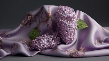 Lilac flowers and leaves on a purple cloth. Created with Generative AI technologyの素材