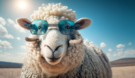 Funny sheep wearing sunglasses ceated with generative AI technology. Created with Generative AI technologyの素材
