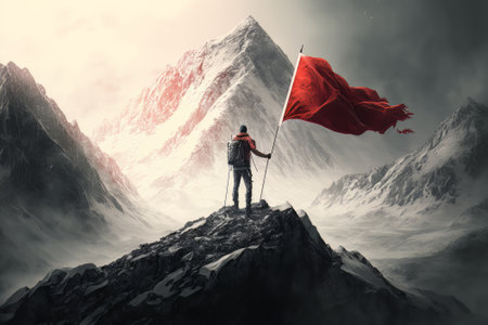 Climber With Flag Conquering Top Of Mountain On Hand. Created with Generative AI technologyの素材