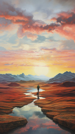 A painting of a person standing in a desert. Created with Generative AI technologyの素材