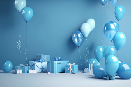 Blue birthday decor with balloons an presents ideal for celebration backgrounds. Created with Generative AI technologyの素材