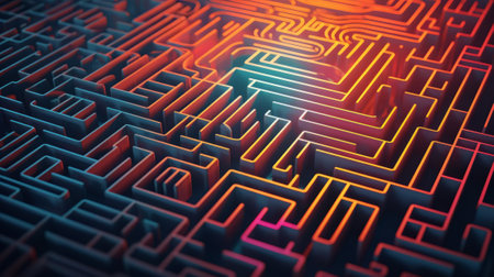A complex and intricate maze through computer graphics. Created with Generative AI technologyの素材