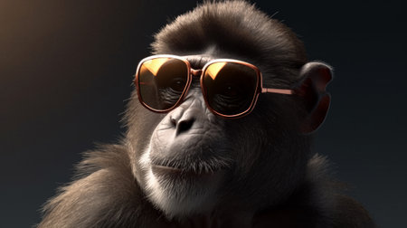 A chimpi wearing sunglasses and a space themed shirt is shown in this digital painting style photo of a chimpi wearing sunglasses and a space themed shirt. Created with Generative AI technologyの素材