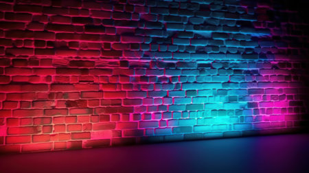 Abstract background brick wall with neon light. Created with Generative AI technologyの素材
