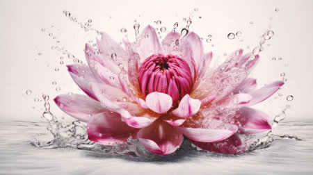 A large pink flower with green leaves on a white background. Created with Generative AI technologyの素材