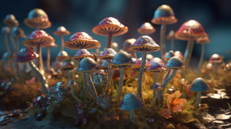 Psychedelic Decorative mushrooms. Created with Generative AI technologyの素材