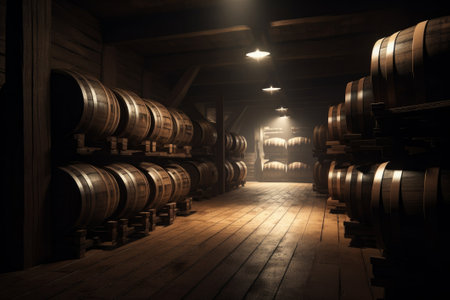 Alcohol barrel room interior. Created with Generative AI technologyの素材