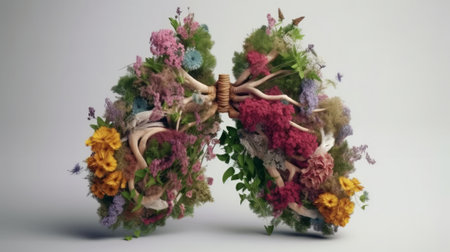 Lungs made from flowers and nature. Air pollution concept. Created with Generative AI technologyの素材