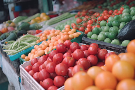 Photo pour Fruit market with various colorful fresh fruits and vegetables. Created with Generative AI technology - image libre de droit