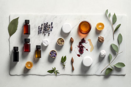 Essential oils flat layout over white background. Herbal eco friendly cosmetics. Created with Generative AI technologyの素材