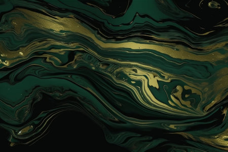 Abstract Liquid Swirls: An Intricate Flowing Blend of Green and Gold Paint in a Beautiful Liquid. Created with Generative AI technologyの素材