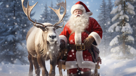 A man dressed as santa claus standing next to a reindeer. Created with Generative AI technologyの素材