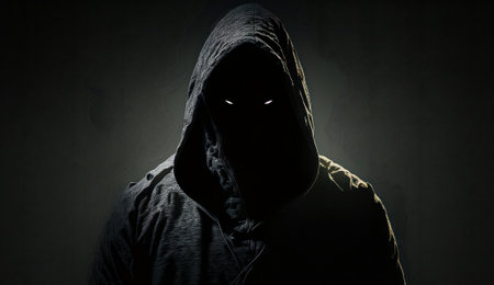 Silhouette of a person in a hood. Created with Generative AI technologyの素材