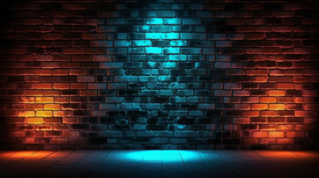 A brick wall illuminated by a vibrant blue light. Created with Generative AI technologyの素材