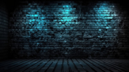 A dimly lit room with a rustic brick wall and wooden flooring. Created with Generative AI technologyの素材
