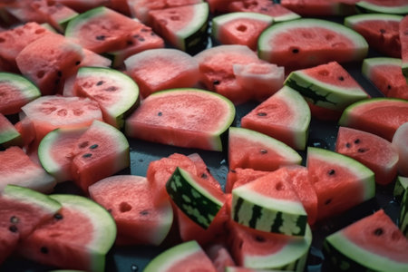Watermelon slices with slices of ice on a blue background. Created with Generative AI technologyの素材