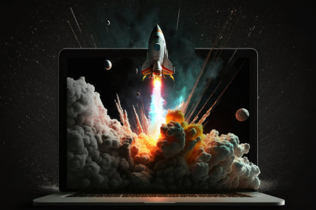 Illustration of rocket coming out of laptop screen, black background. Created with Generative AI technologyの素材