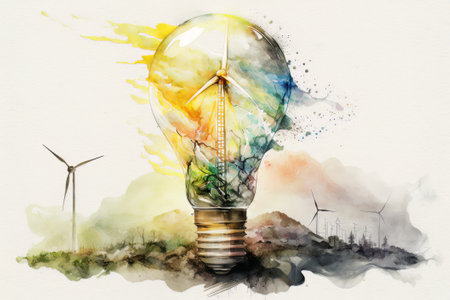 Watercolor rainbow light bulb with isolated wind turbine. Created with Generative AI technologyの素材