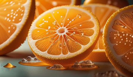Healthy food, fresh sliced citrus on neutral background illustration. Created with Generative AI technologyの素材