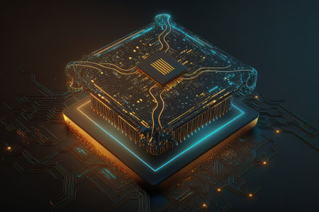 Hologram circuit with glowing light technology background. Created with Generative AI technologyの素材