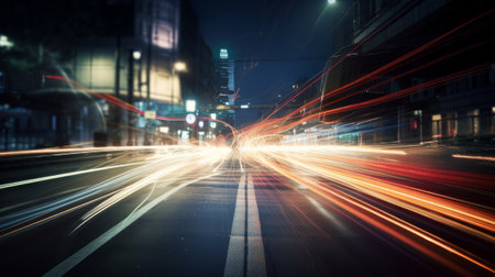 Illustration showing hyperloop speed warp with smeared lights from a megacity at night. Created with Generative AI technologyの素材