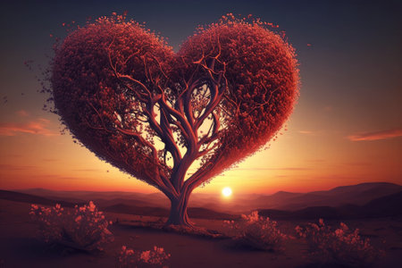 Tree of love. Red heart shaped tree at sunset. Beautiful landscape with red tree and falling leaves.Love background. Created with Generative AI technologyの素材